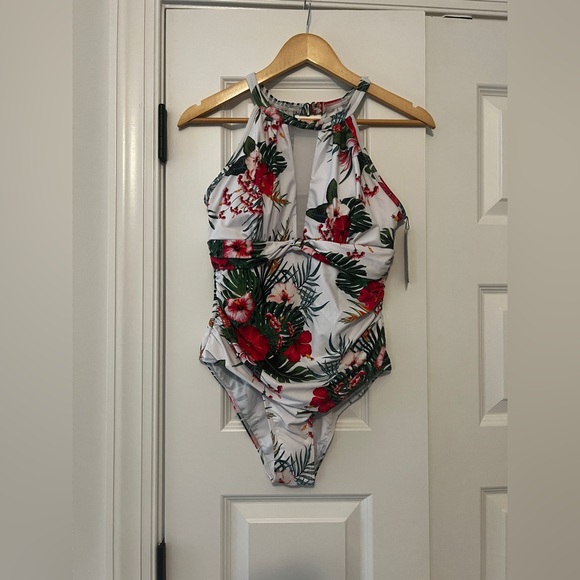 Tempt Me Floral High-Neck One-Piece Swimsuit - White/Red Size Medium - Picture 3 of 13